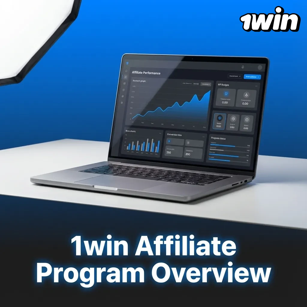 Illustrated 1win affiliate dashboard showing clicks, registrations, deposits, and earnings for referral partners