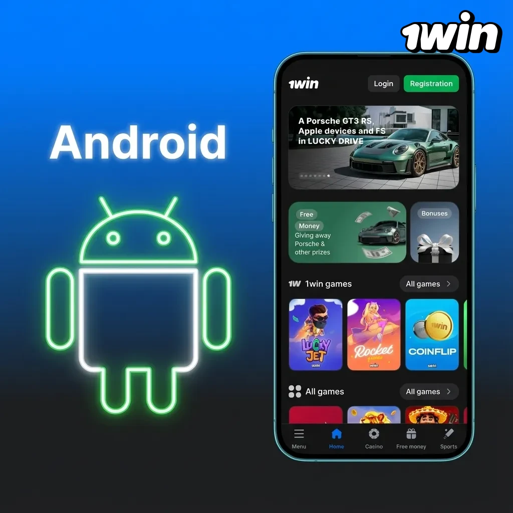 Smartphone showing 1win Android app download steps with APK installation instructions on screen
