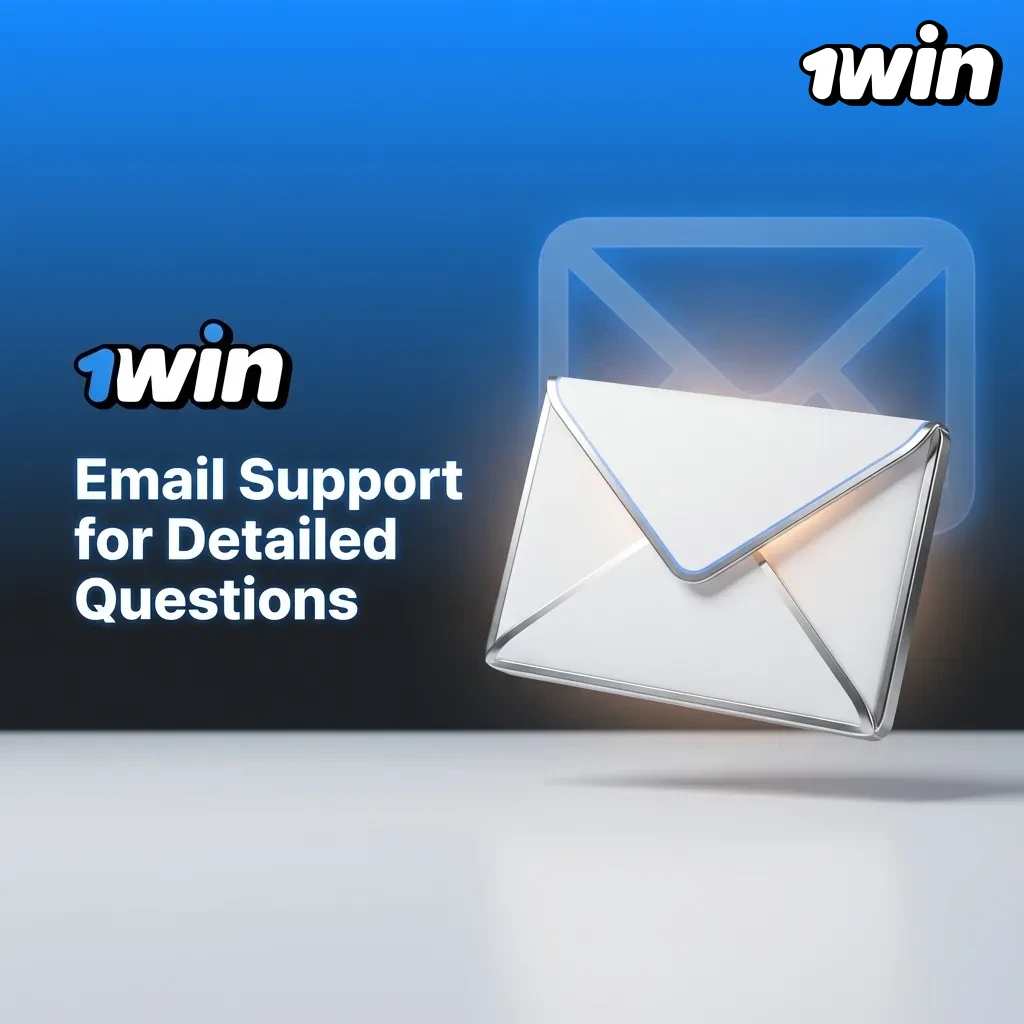Illustration of a user writing an email to 1win support with icons for documents, KYC, payouts, and 24-hour response time