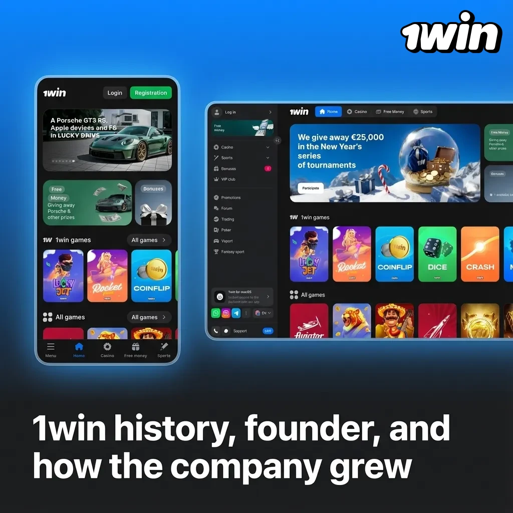 Illustration of 1win’s growth from 2016 startup to licensed global betting platform with tech, compliance, and support teams