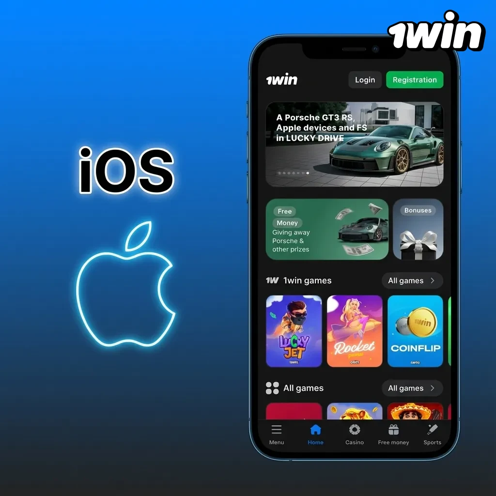 Illustration of the 1win iOS app on iPhone and iPad showing betting interface and secure login options