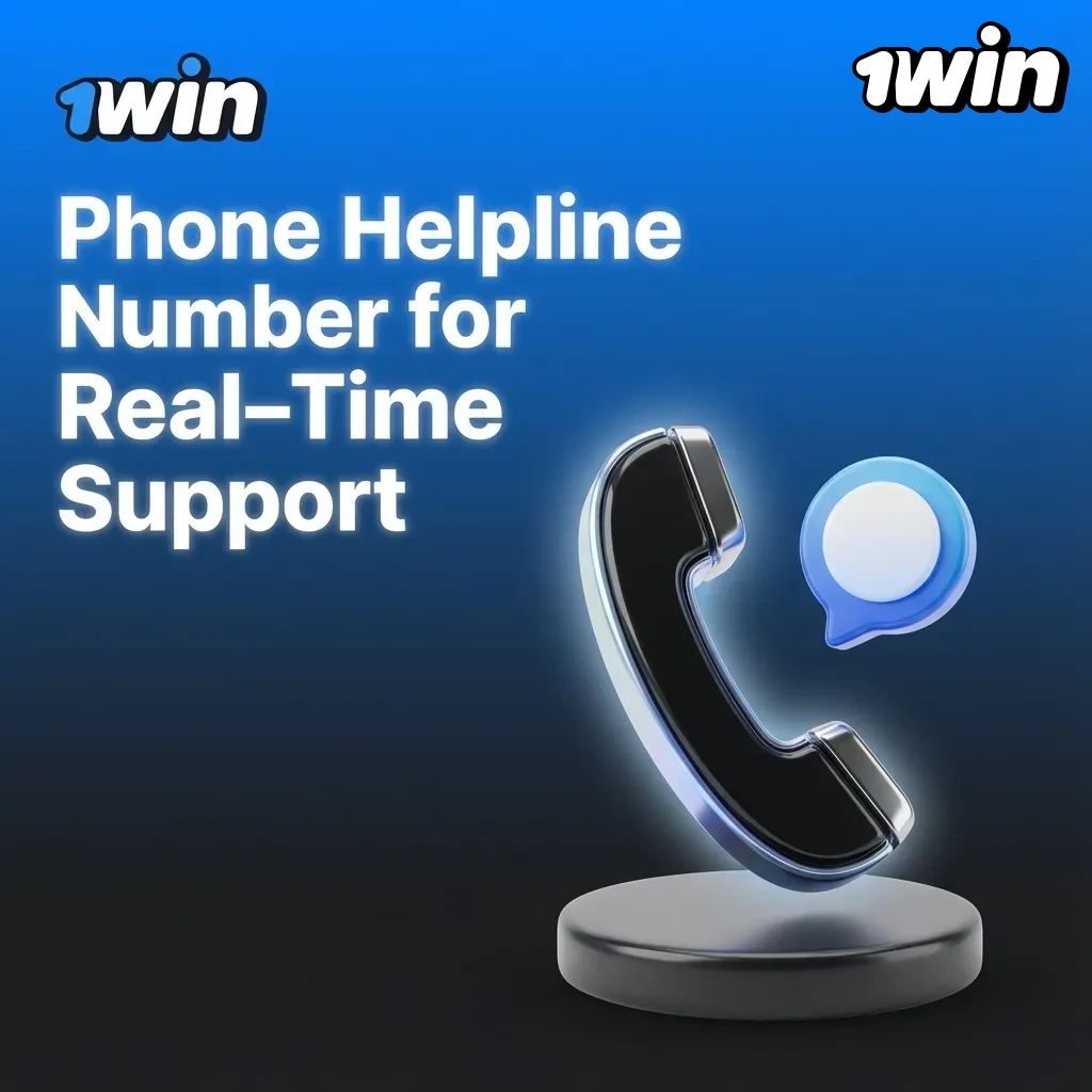 Phone helpline icon with 24/7 label and text promoting 1win real-time phone support for urgent betting issues