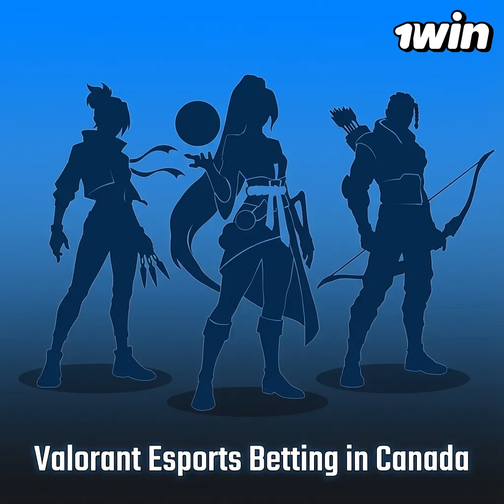 Valorant esports betting promo for Canadian players, featuring agents in action and 1win betting markets on major tournaments