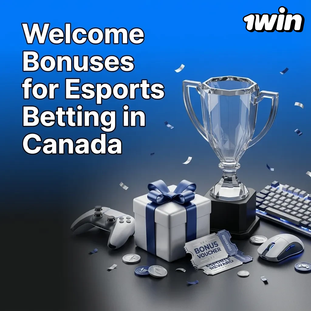 Canadian esports betting promo graphic showing 500% welcome bonus up to C$750 for new 1win players
