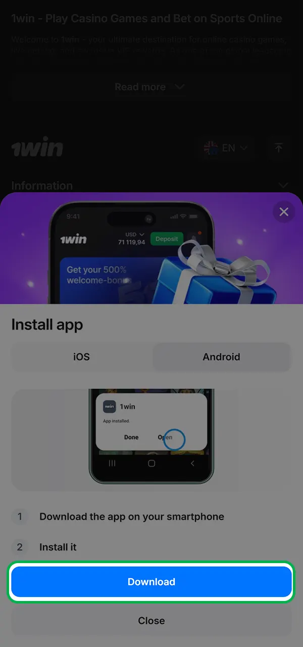 Download the 1win app on Android.
