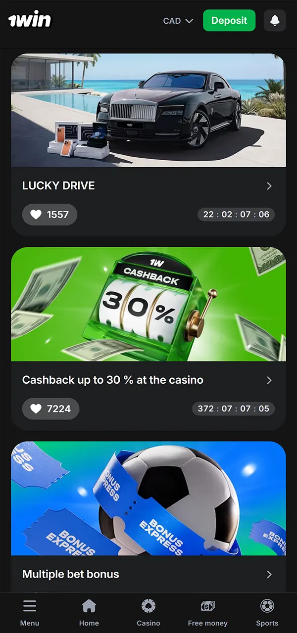 Check out the promotions in the 1win app.