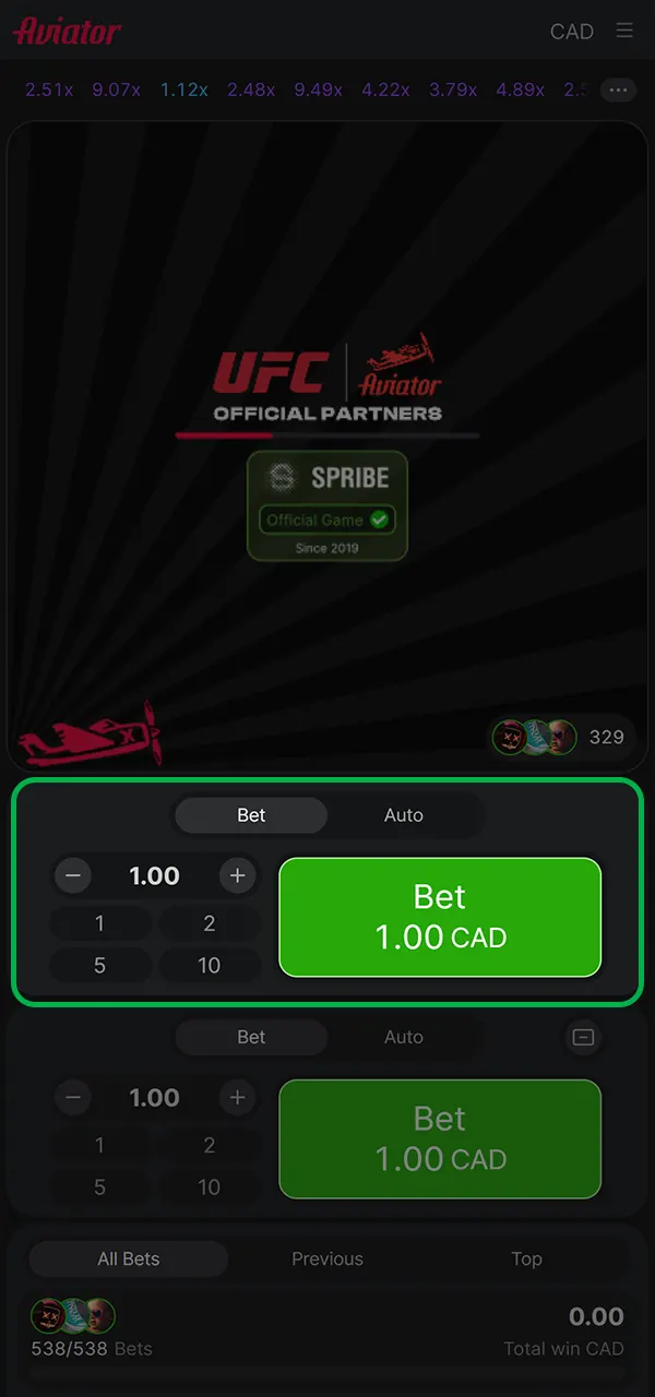 Select your bet in Aviator at 1win.
