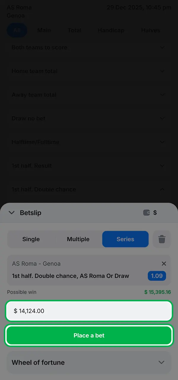 Enter the bet amount for the desired event at 1win.
