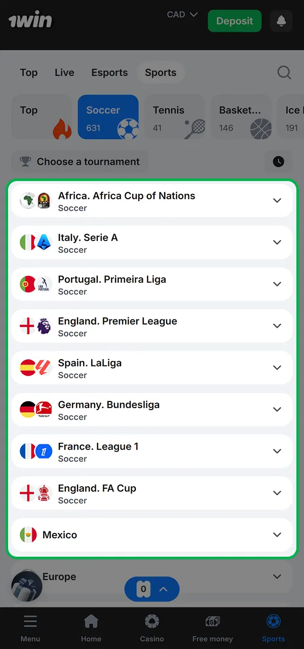 Find the league you want and bet on soccer at 1win.