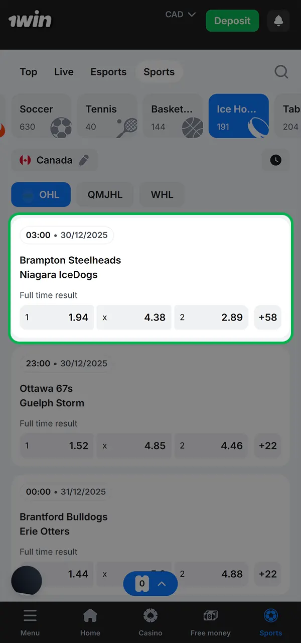 Select a match and place a bet on hockey at 1win.