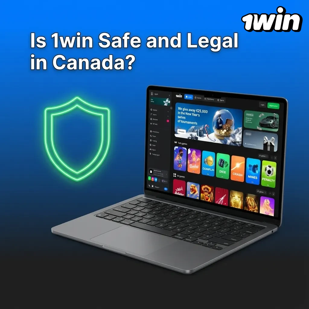 Graphic titled “Is 1win Safe and Legal in Canada?” highlighting licensing, SSL security, and responsible gaming features
