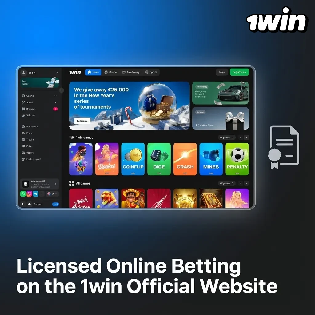 1win website homepage showing Curaçao eGaming licence details and secure, regulated online betting for Canadian players