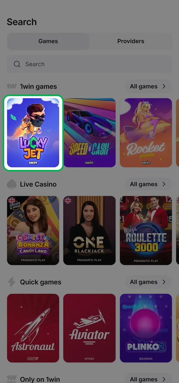 Open Lucky Jet and start playing at 1win Casino.