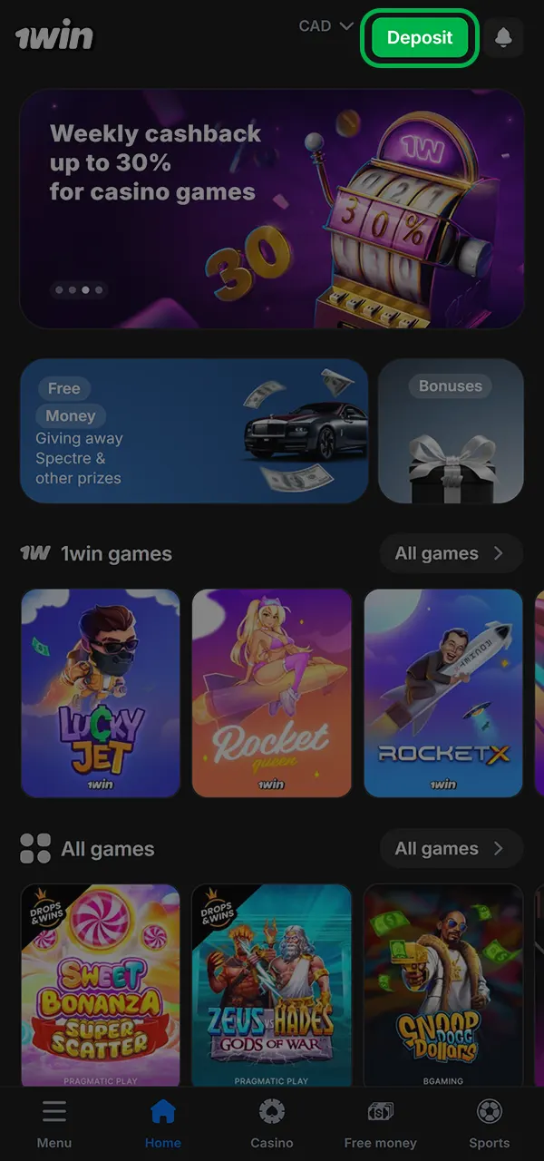 Make a deposit to play Lucky Jet at 1win.