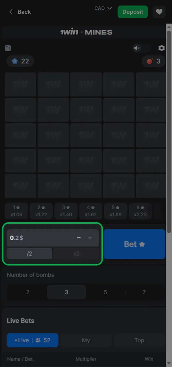Set your bet size in Mines and start playing at 1win.