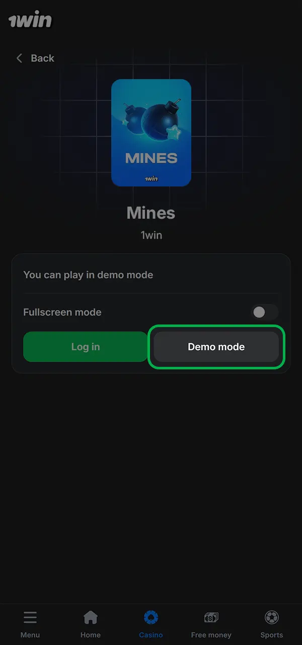 Launch the Mines demo mode at 1win.