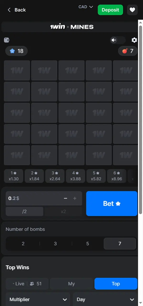 Choose your tactics in the Mines game at 1win.