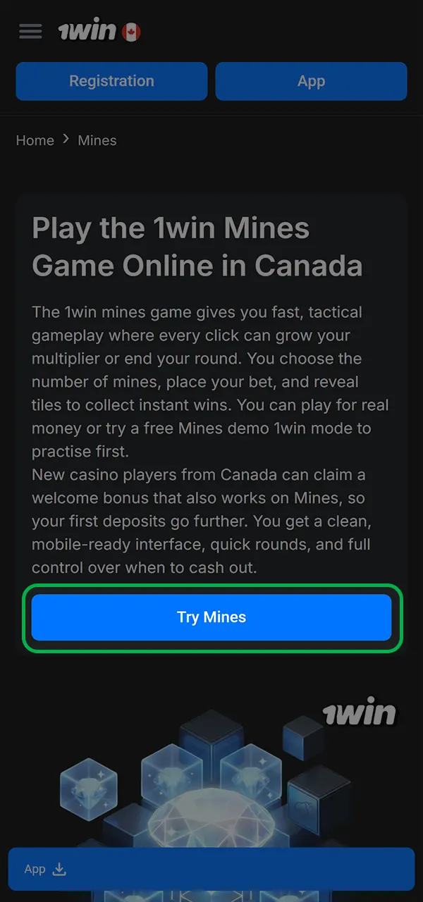 Open the Mines game page and start playing at 1win.
