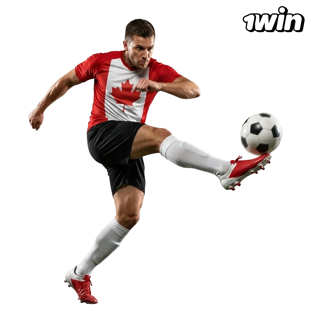 Laptop screen showing 1win Canada football betting site with match odds, leagues list, and highlighted 500% welcome bonus.