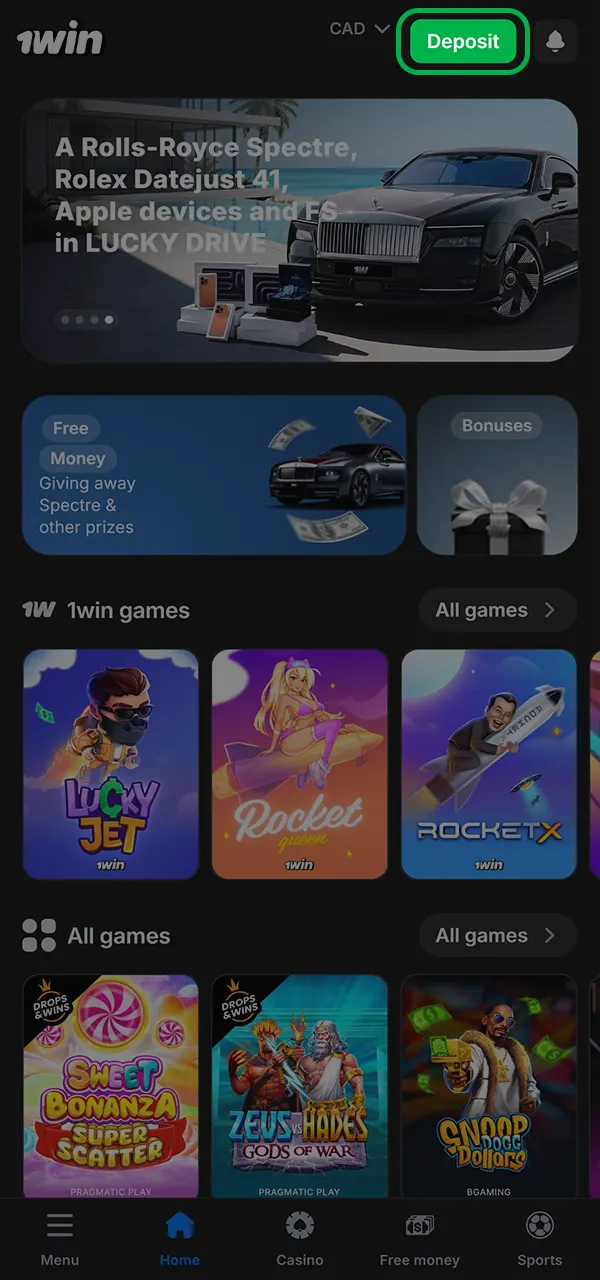 Open the cashier and start replenishing your account at 1win.