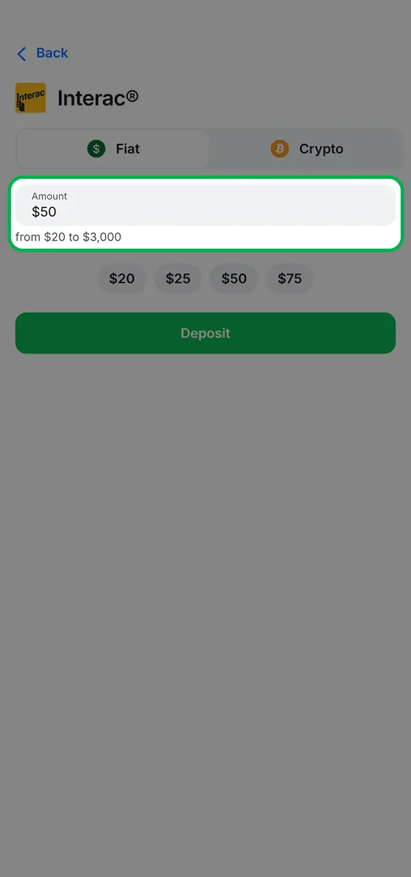 Enter the amount and top up your account at 1win Casino.