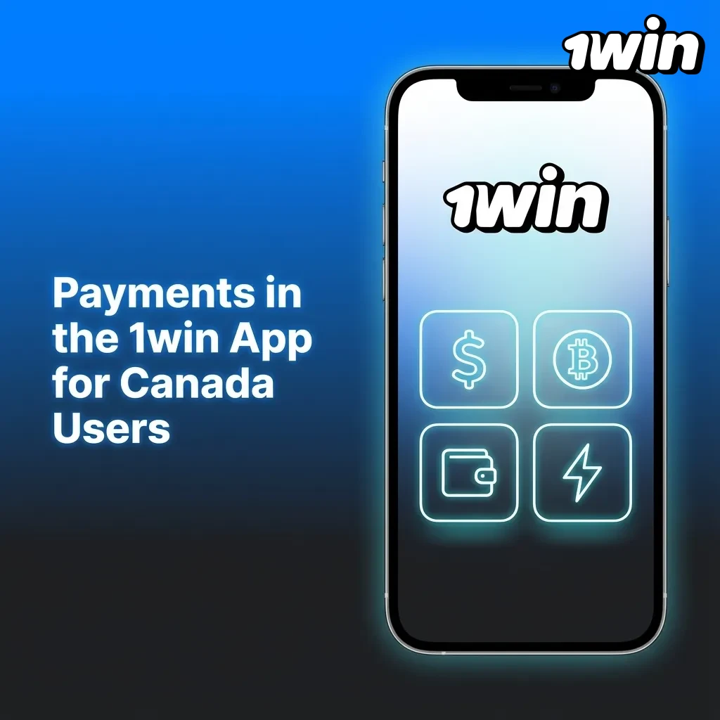 Smartphone showing 1win Canada app cashier with Interac, cards, crypto icons and C$10–C$20 payment limits