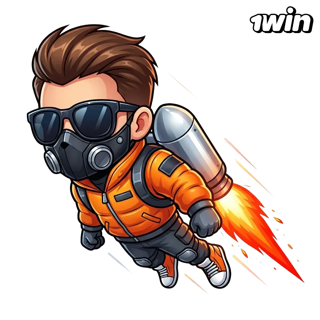 Cartoon jetpack hero soaring upward with rising multiplier, 1win Lucky Jet crash game interface and Canadian-themed background