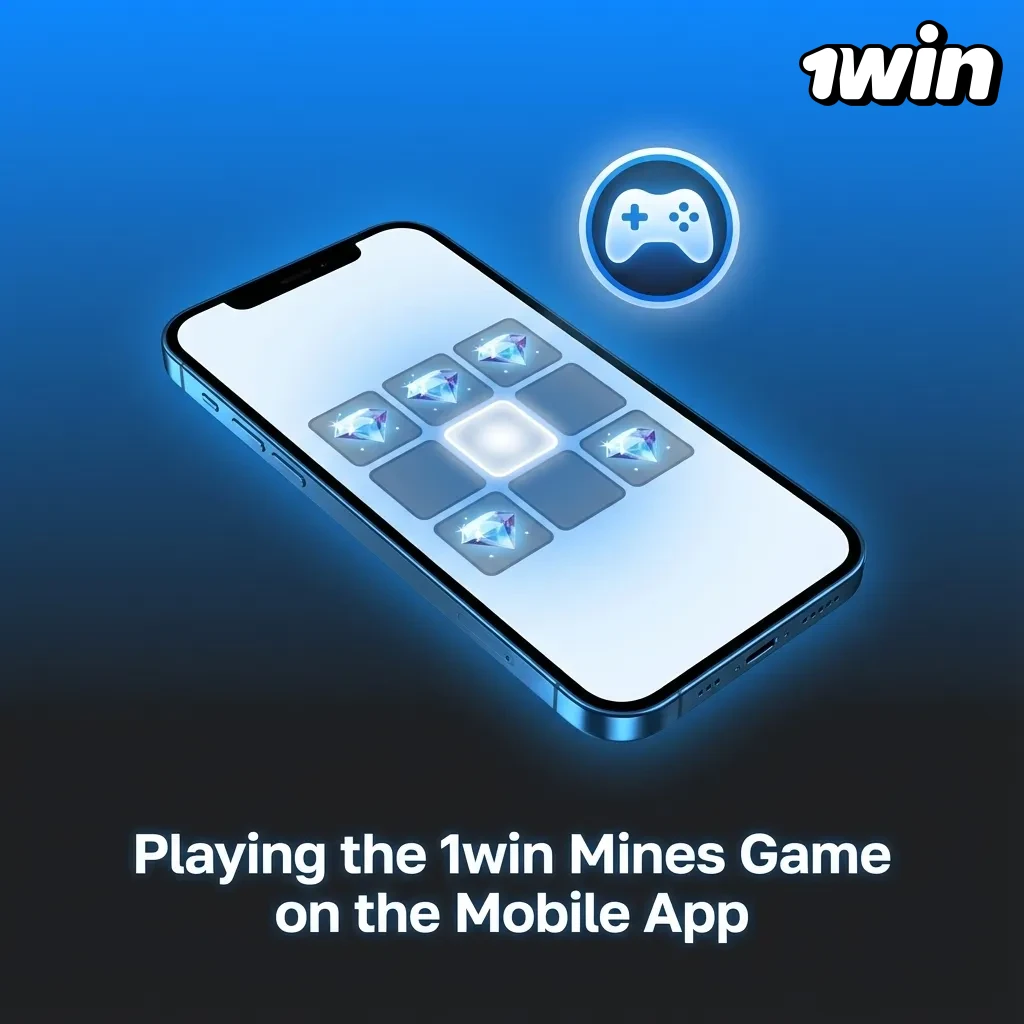 Person playing 1win Mines on a smartphone, showing a mines grid and casino balance in a mobile-friendly layout