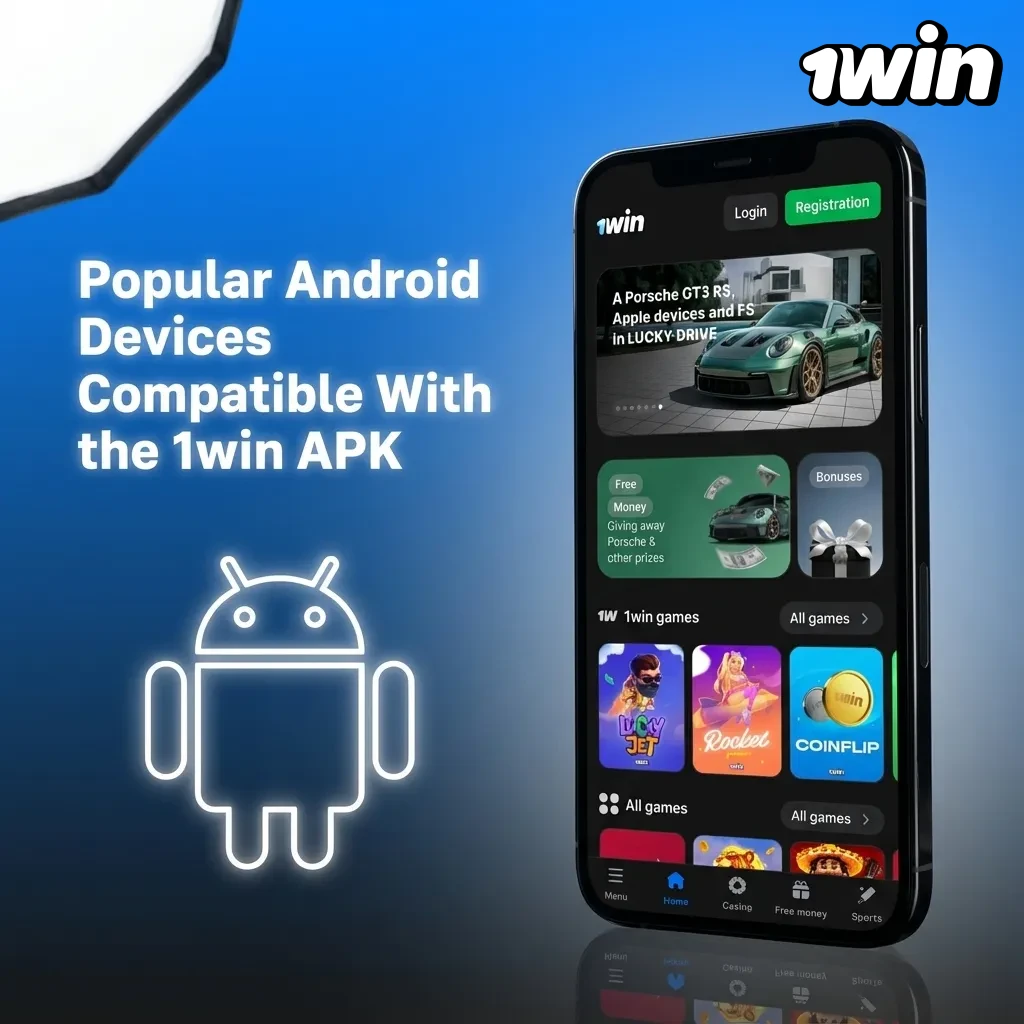 Collage of popular Android phones and tablets in Canada, labeled as compatible with the 1win APK app