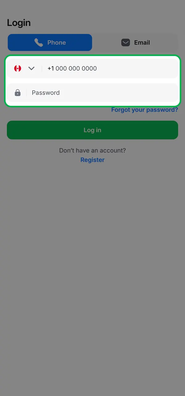 Enter your details and log in to 1win.