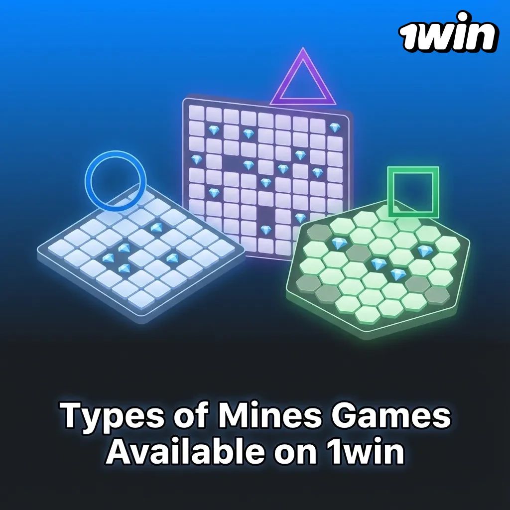 Illustrated 1win Mines game screen showing classic grid and buttons for low-risk, high-risk, auto bet, and themed modes
