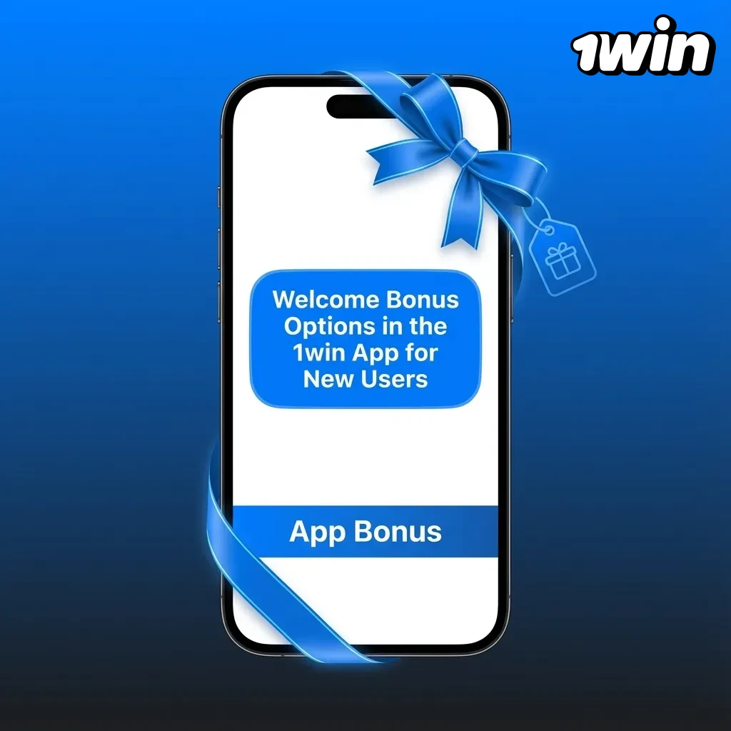 Graphic showing 1win app welcome bonuses: choice between Sports bonus or Casino bonus for new users with first deposit.
