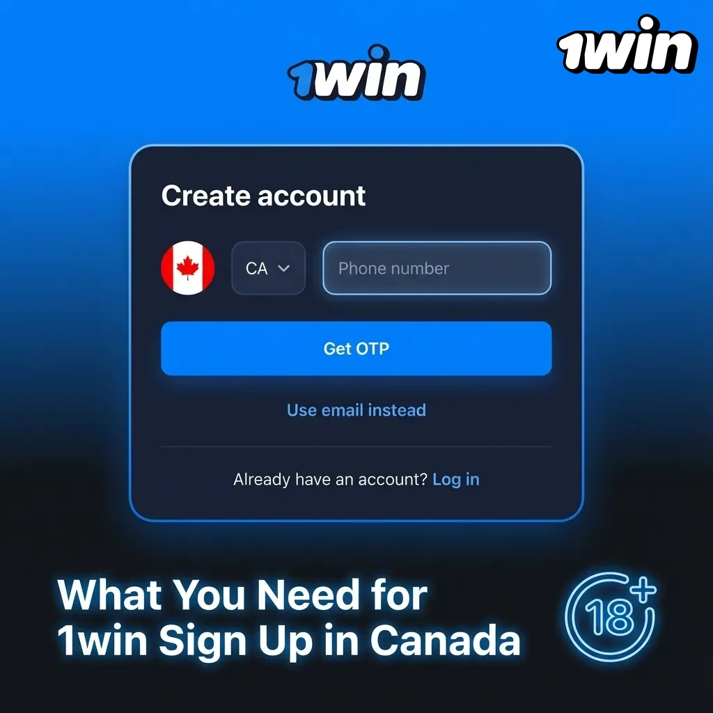 Checklist-style graphic showing 1win Canada sign-up requirements: age, real ID data, email/phone, one account, ID verification.