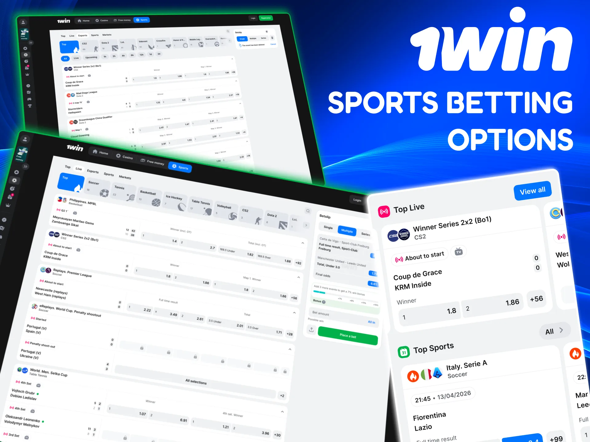 Wide 1win betting lineup featuring hockey, basketball, football, baseball, and esports.