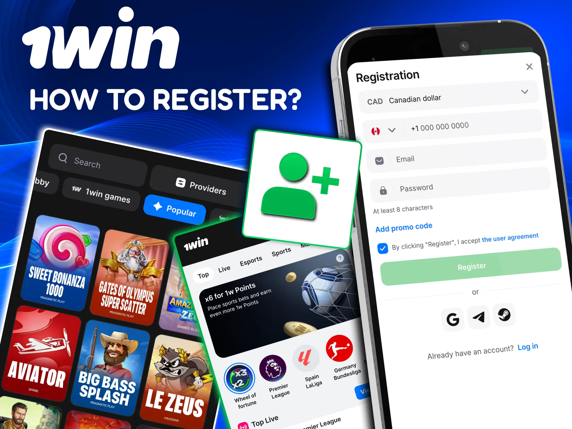 1win app guide showing how to register a new account.