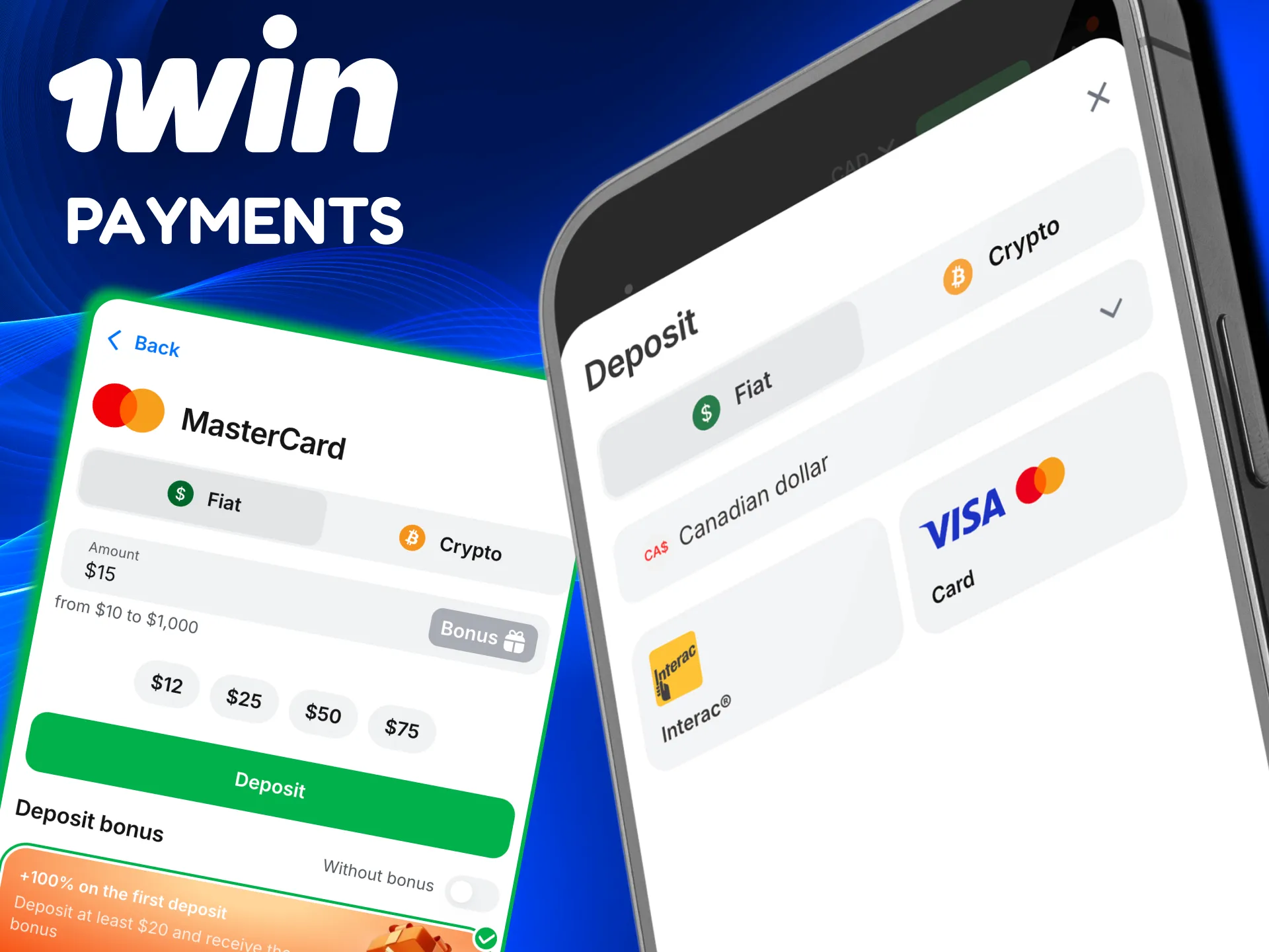 Canada 1win mobile payments with cards, Interac, crypto options.