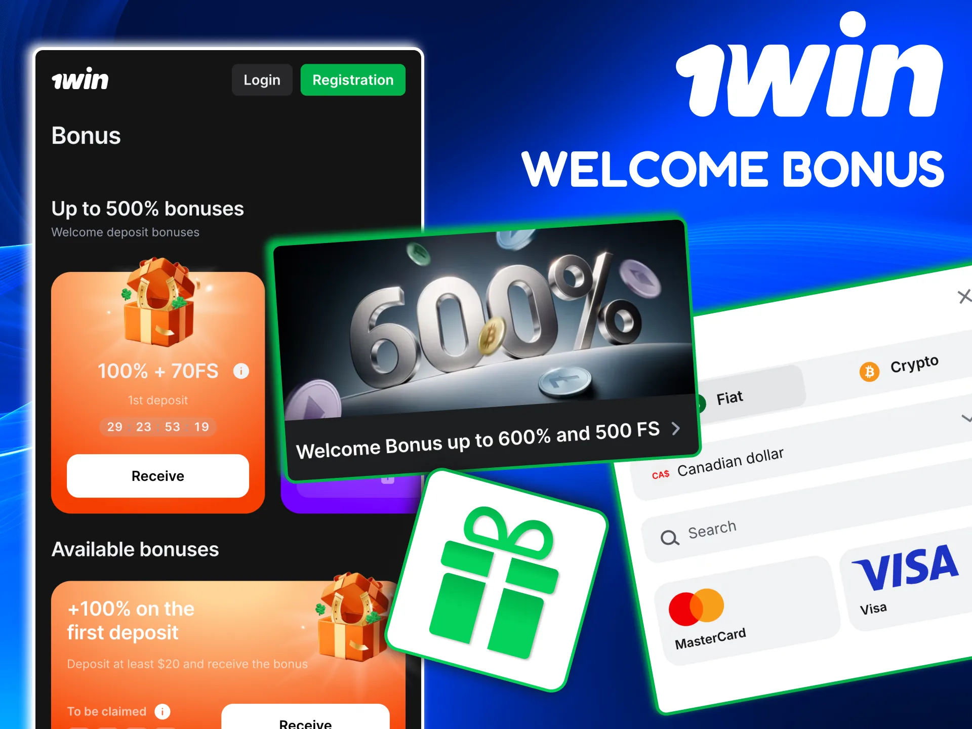 1win mobile welcome offers including deposit boosts and free spins.