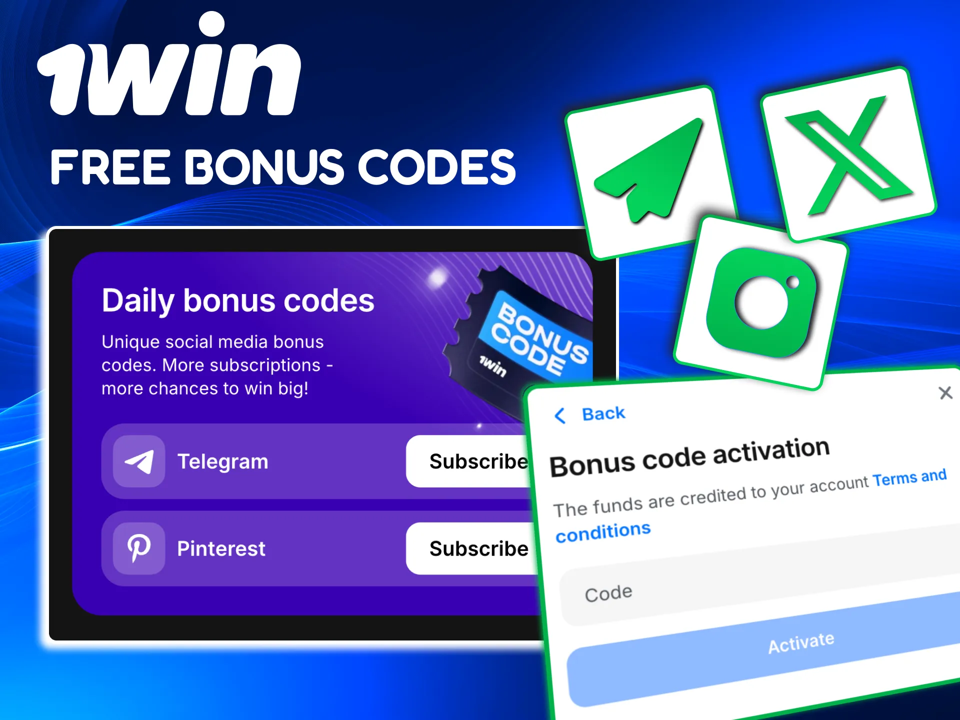 1win codes from social channels granting bonuses for any or specific games.