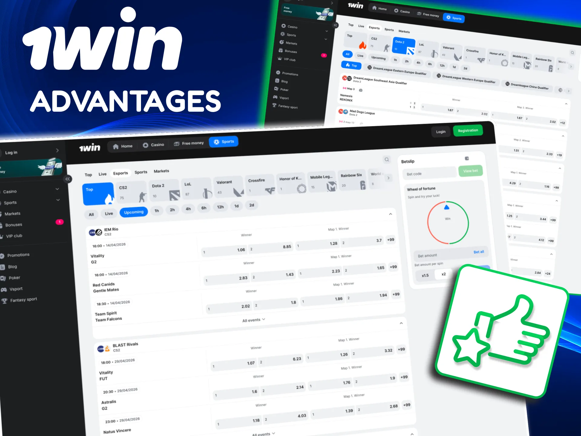 1win esports betting offers strong odds, wide markets and fast payout.