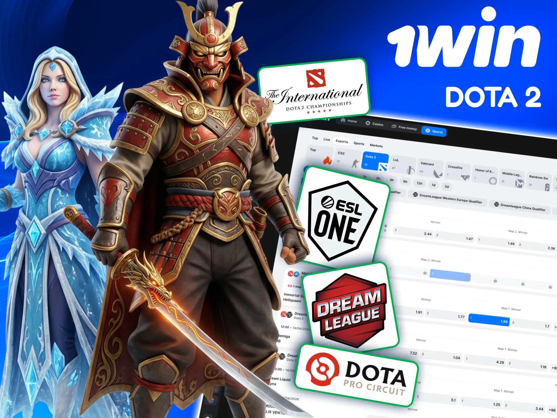 1win Dota 2 betting with match winners handicaps maps and live props.