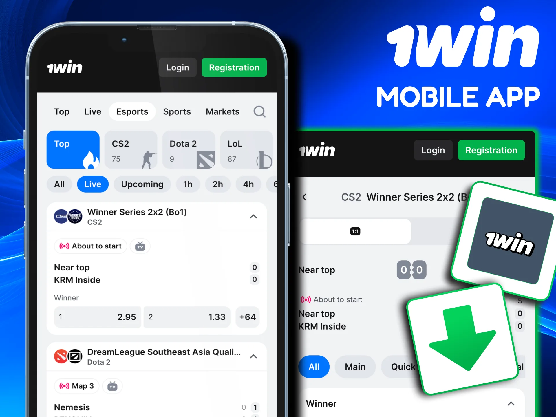Mobile 1win esports betting with quick installation, deposits, and match selection.