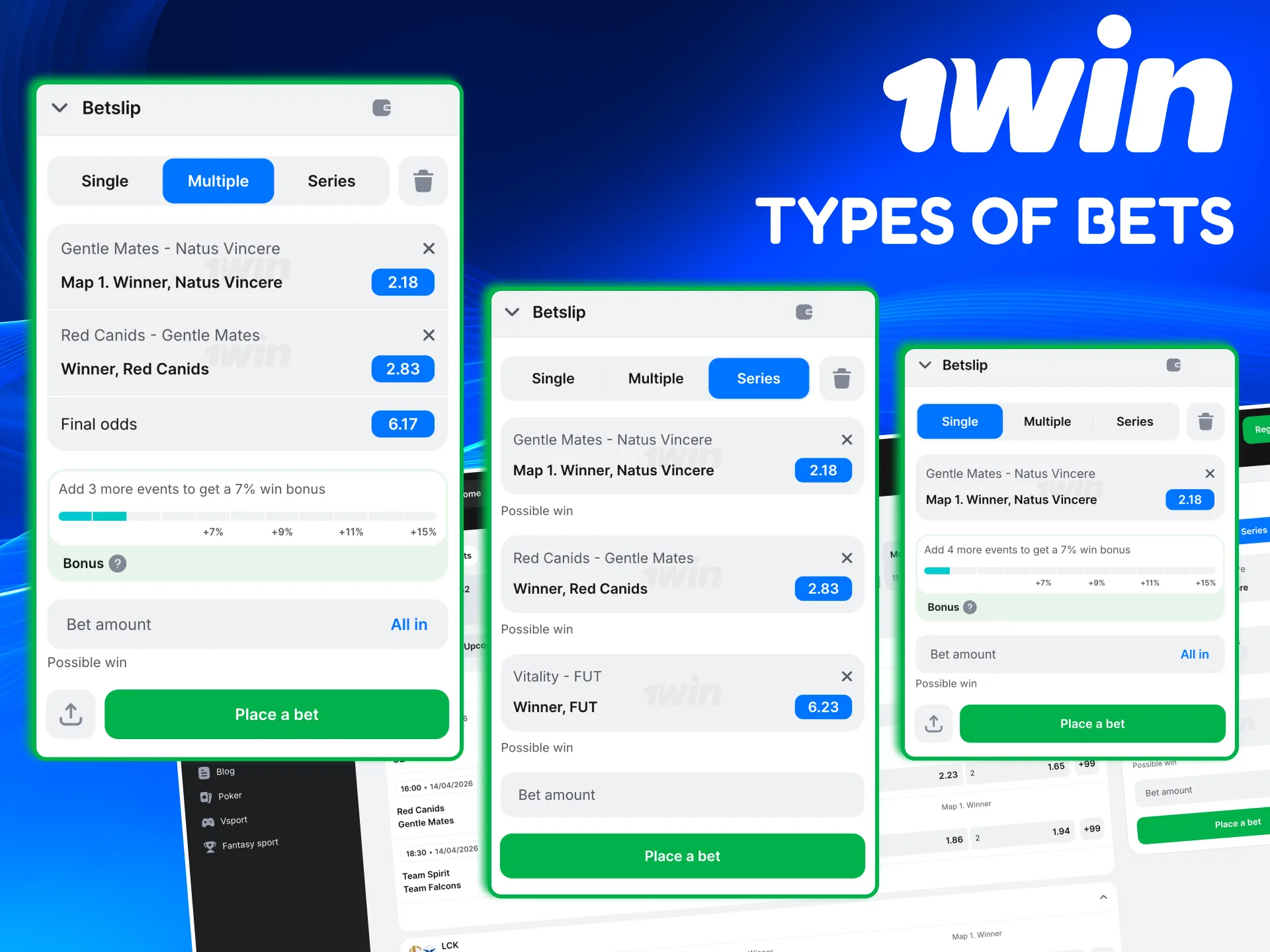 Common 1win esports bets from match winners to first‑kill props.