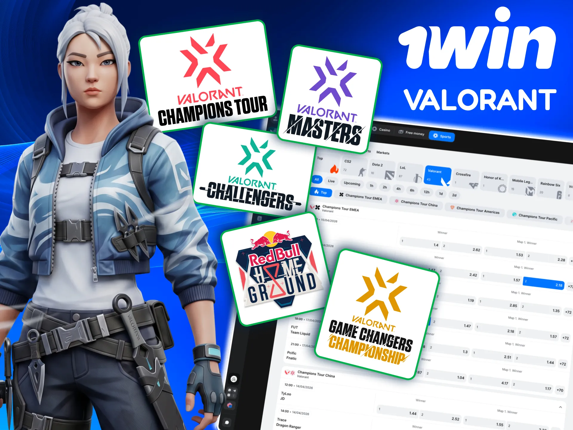 Valorant esports odds on 1win for Champions VCT and regional events.