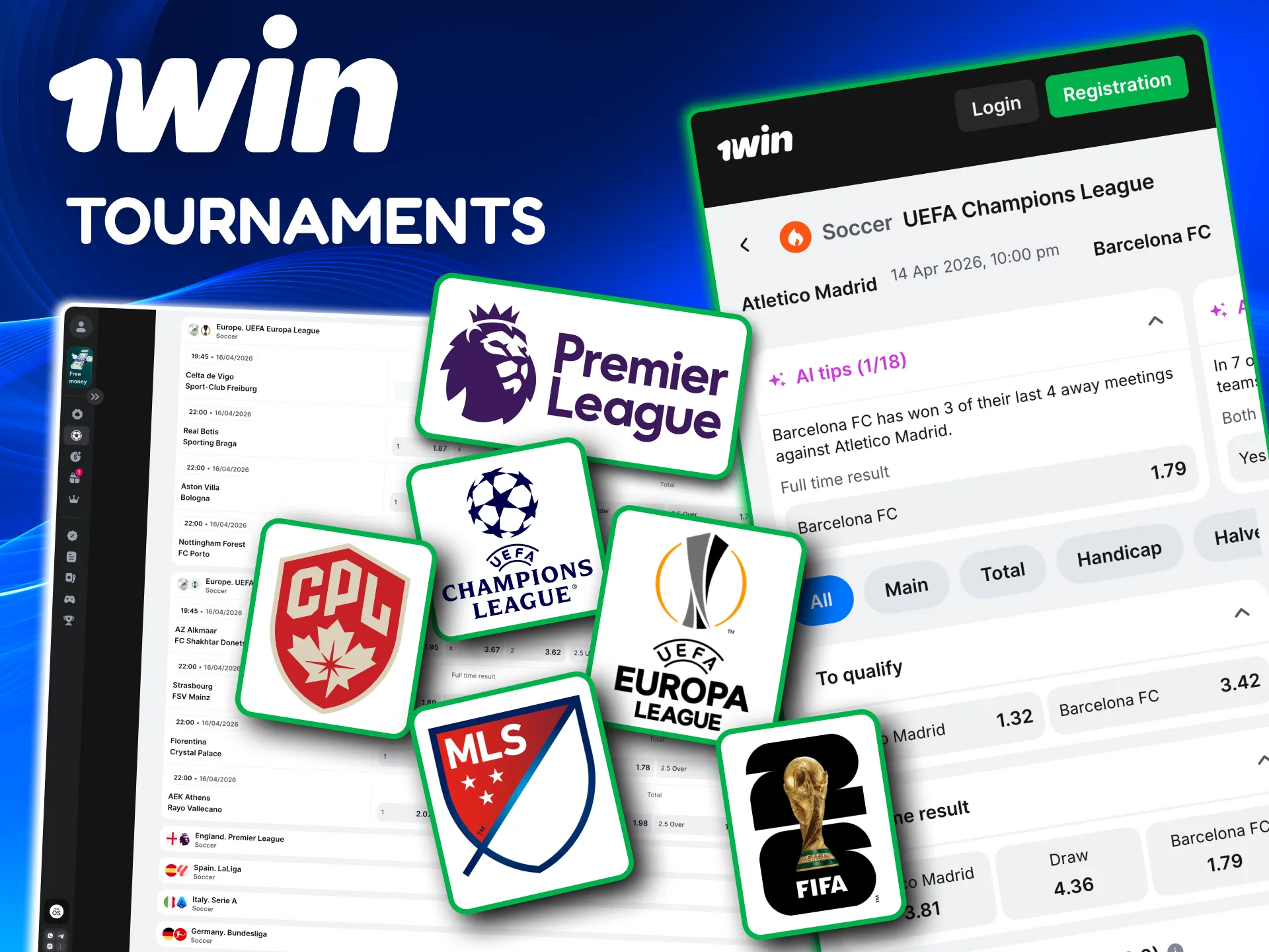 Wide 1win football options across European leagues international cups and Canadian leagues.