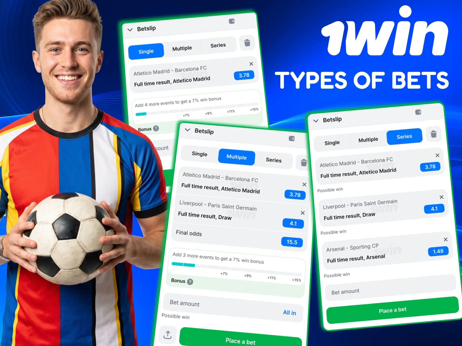 Main 1win football bet types from simple, singles to multi‑match parlays.