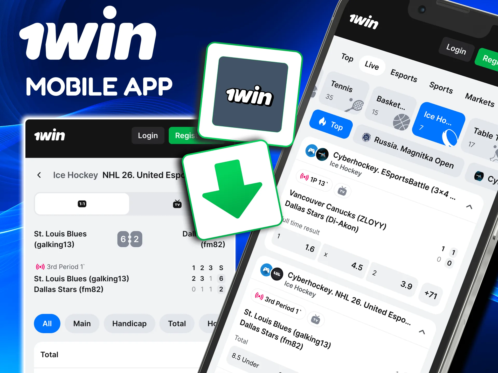 Easy ice hockey wagers on the 1win mobile app for Android and iOS.