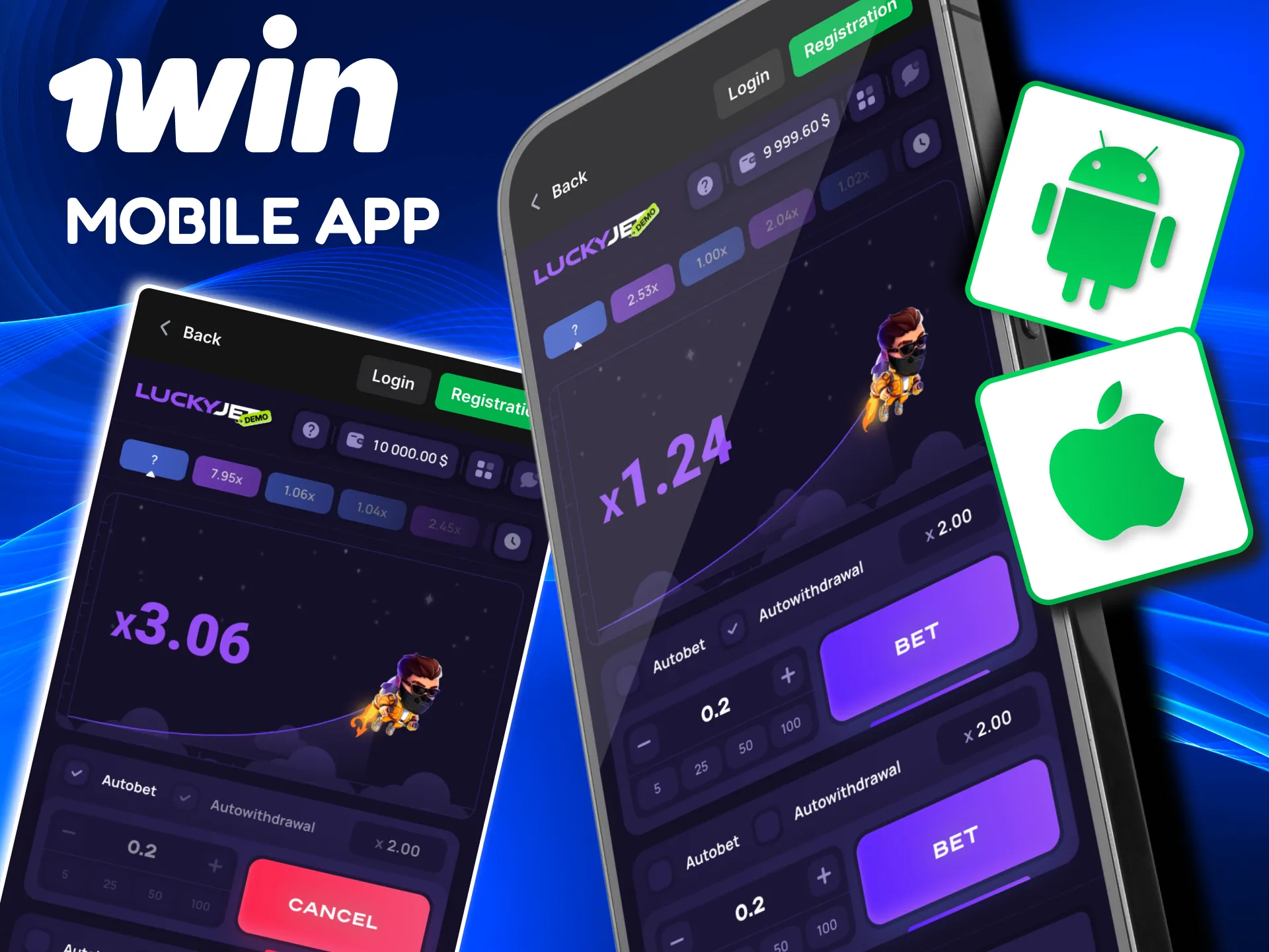 1win Lucky Jet mobile app offering quick bets on Android and iOS.