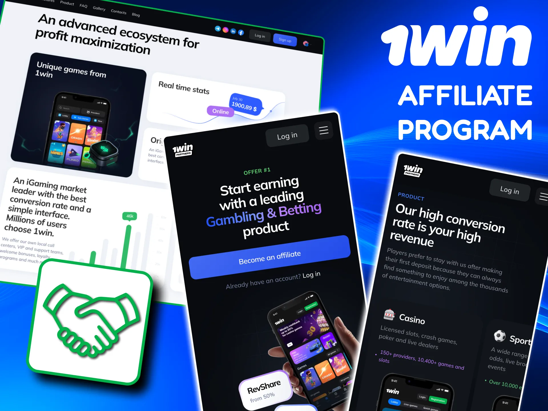 1win affiliate program with revenue share, CPA payouts and detailed performance stats.