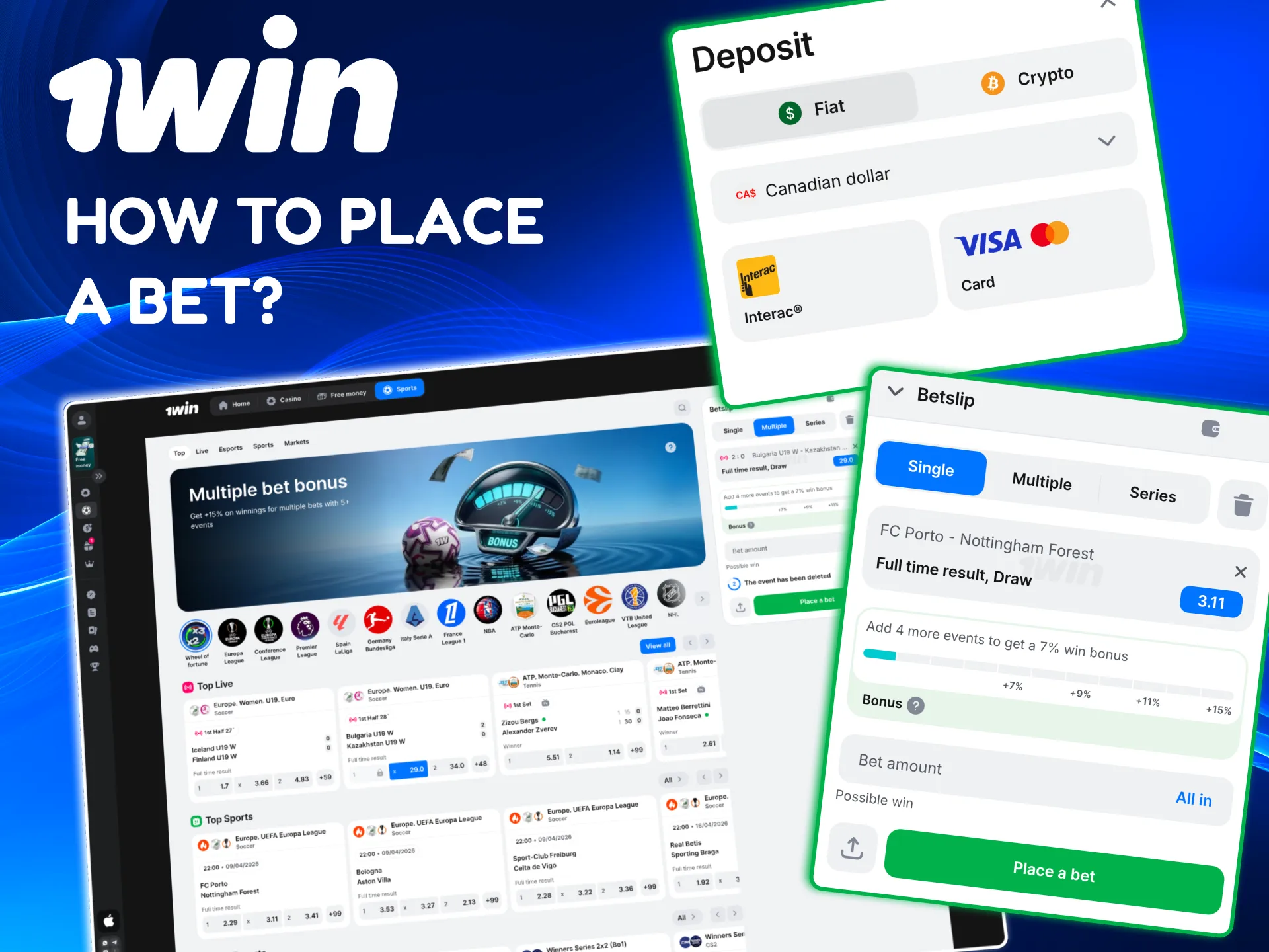 1win guide for choosing odds, entering stake and confirming your bet.