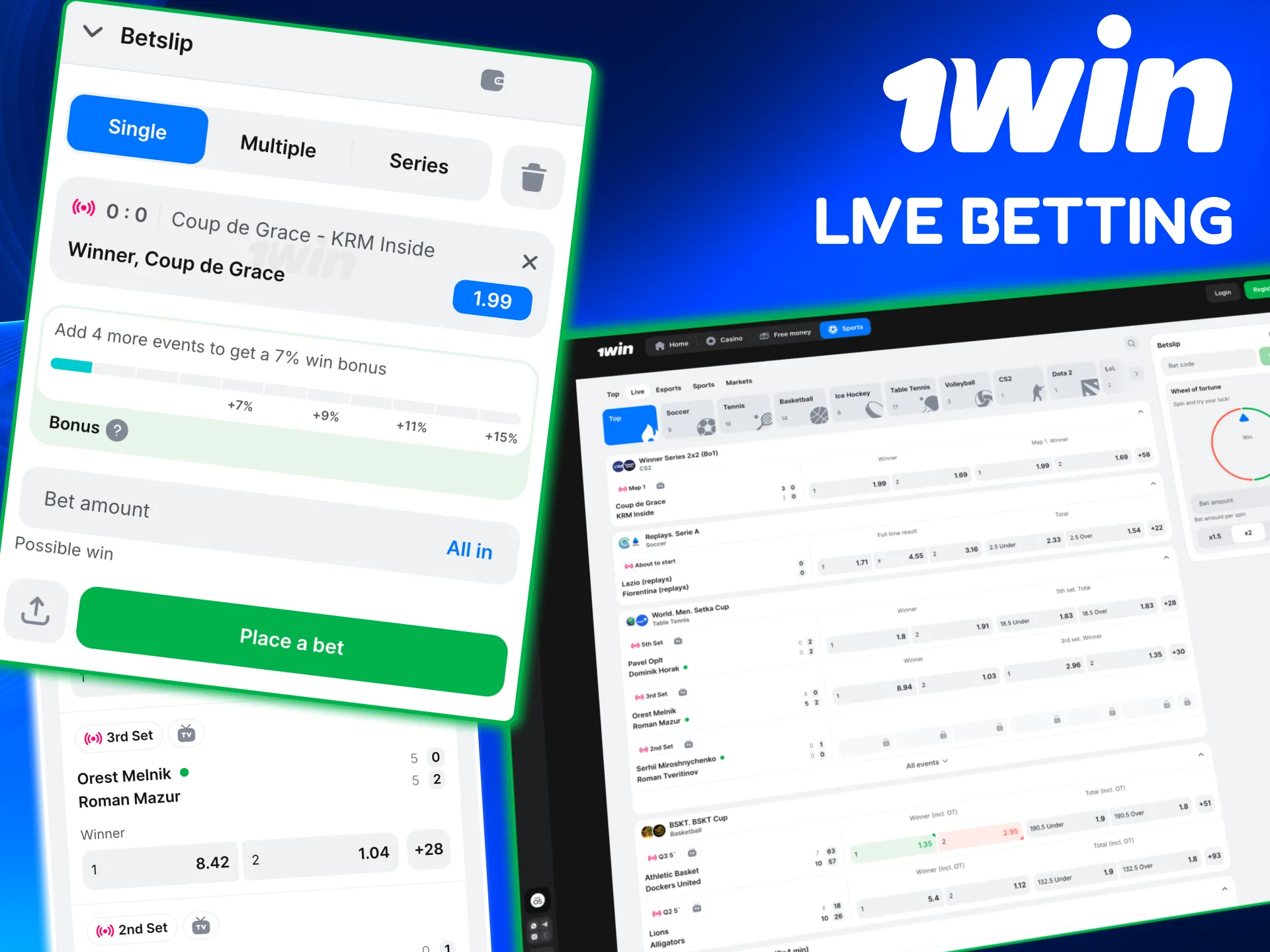Real‑time 1win betting with streaming, cash‑out and refreshed markets.